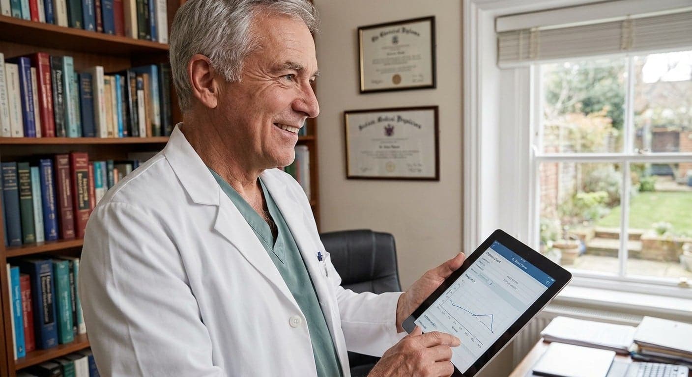 A physician reviewing a patient's chart on a tablet in his office