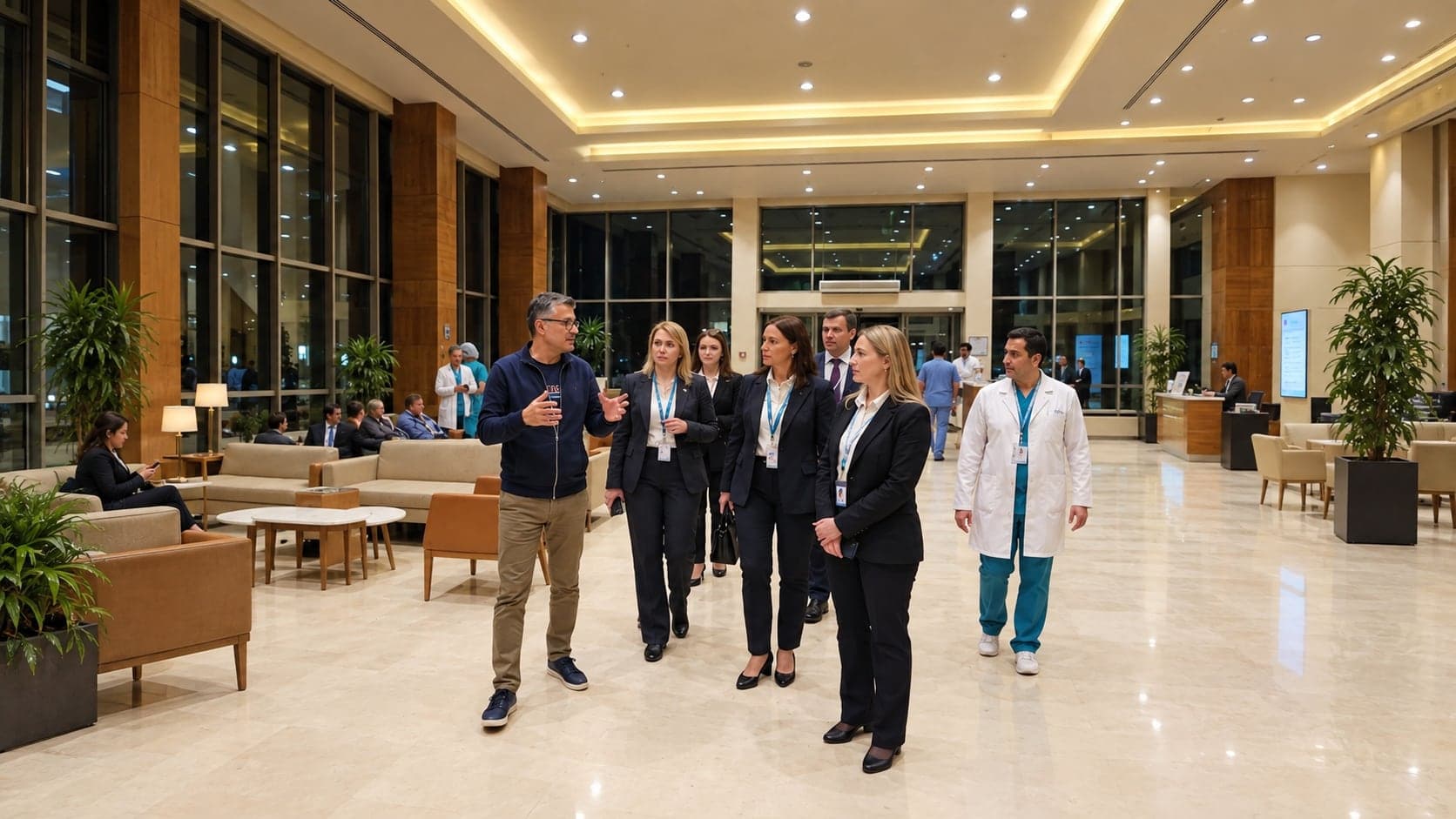 A leadership walkthrough with a visiting delegation in a hospital lobby