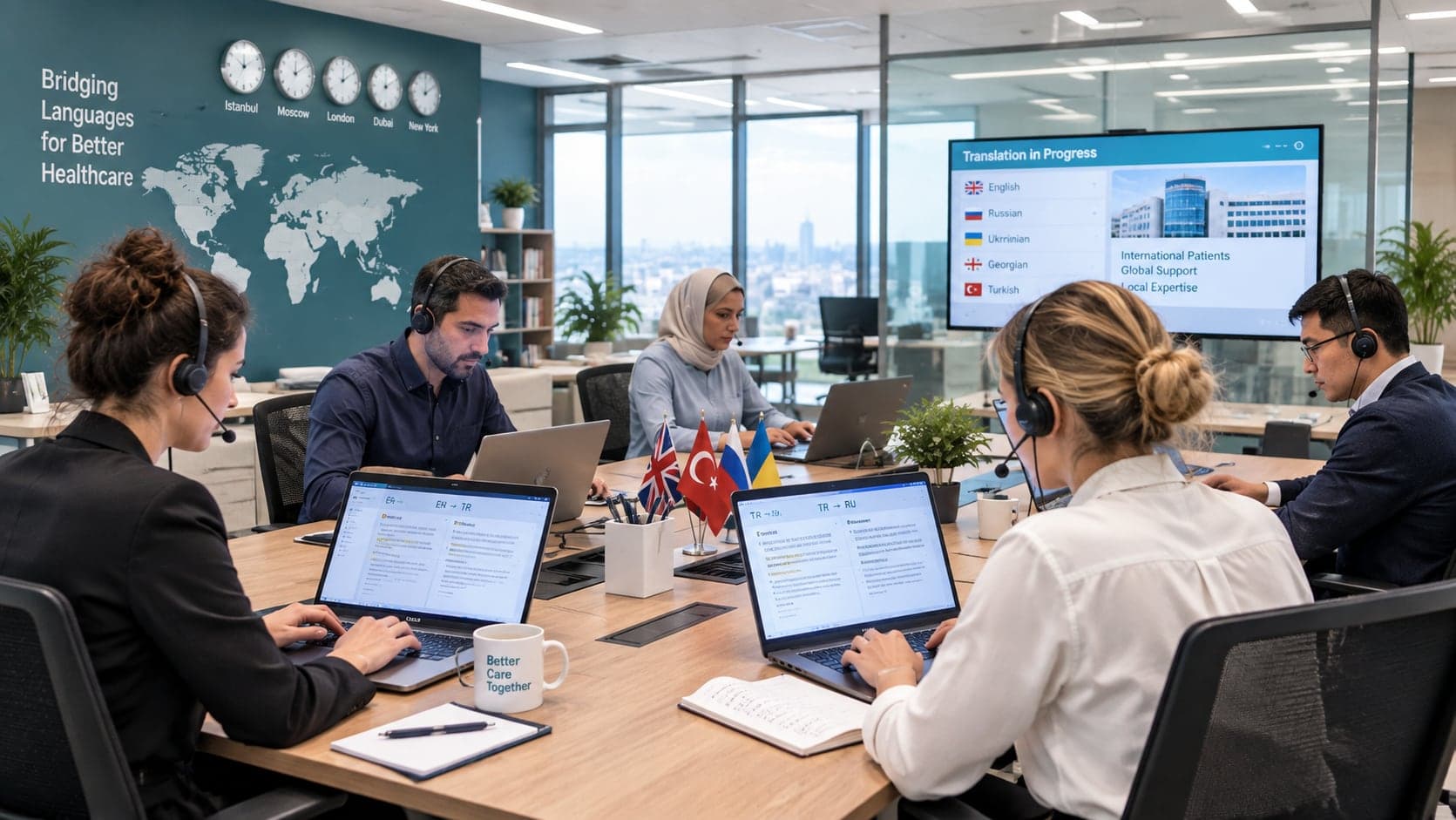 A hospital international patient team working on medical translations between English, Turkish and Russian